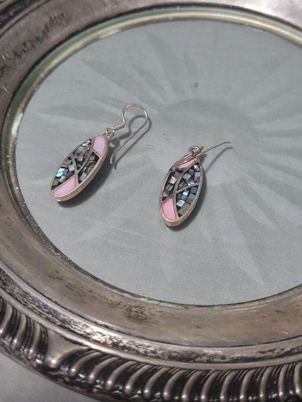 Pink Inlay Oval Drop Sterling Silver Earrings - Women Jewelry
